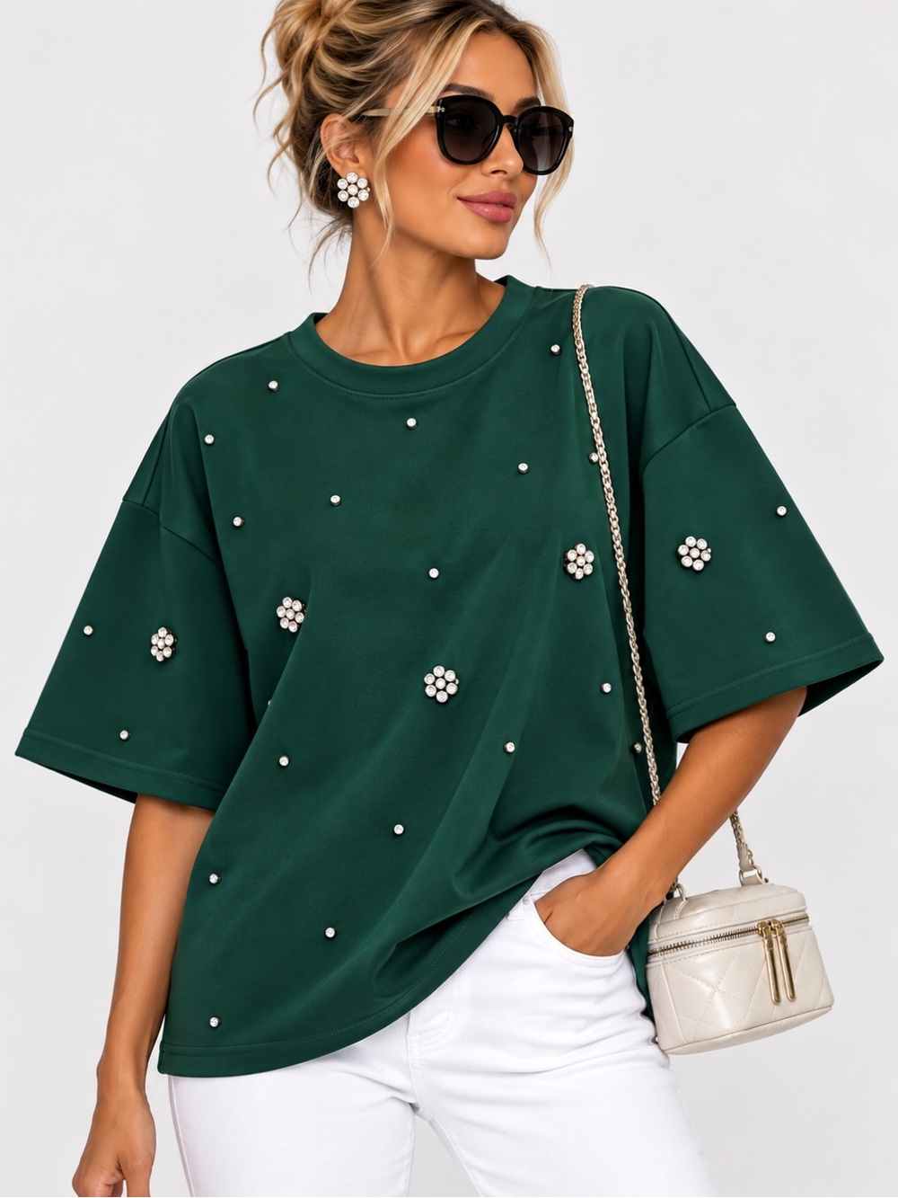 💚 Astrid Emerald Green Rhinestone Embellished Oversized Tee | M | NWT